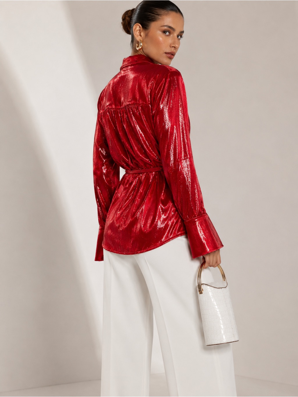 Michael Lo Sordo Women Blazer Size 10 Red Metallic Silk Blend Belted Wrap Top — image 4 of 8